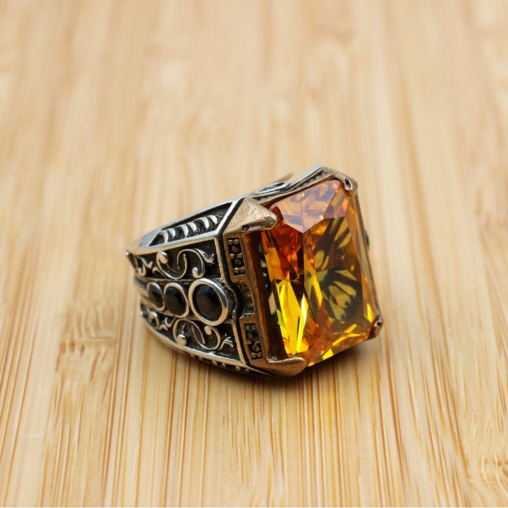 Men's Handmade Ring, Turkish Handmade Ring, Ottoman Men's Ring, Citrine Men's Ring, Men's Jewelry, Gift for Him, 925k Sterling Silver Ring