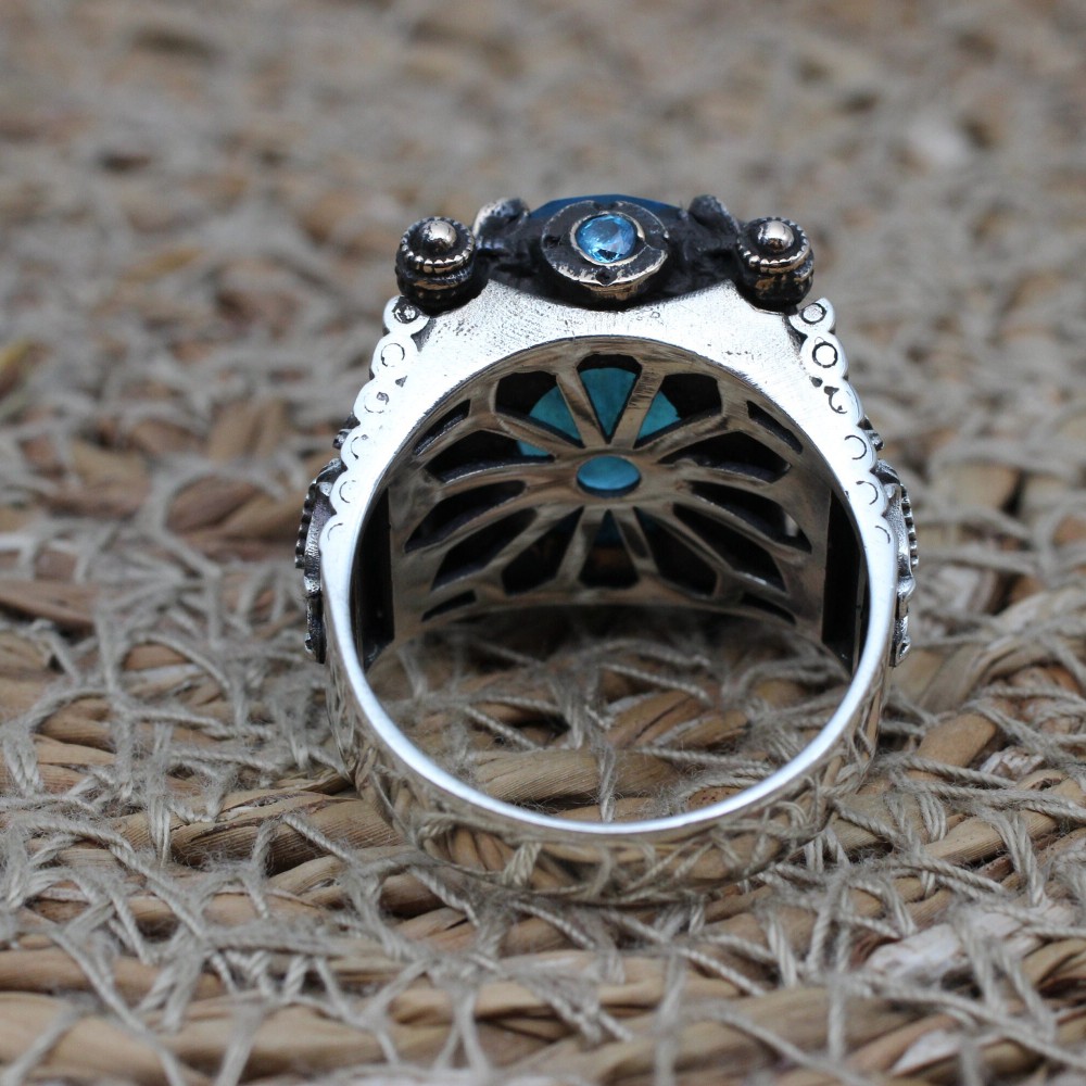 Aquamarine Mens Ring, Turkish Handmade Silver Mens Ring, Ottoman Ring, Oval Stone Ring, Men Jewelry, Gift for Him, 925k Sterling Silver Ring