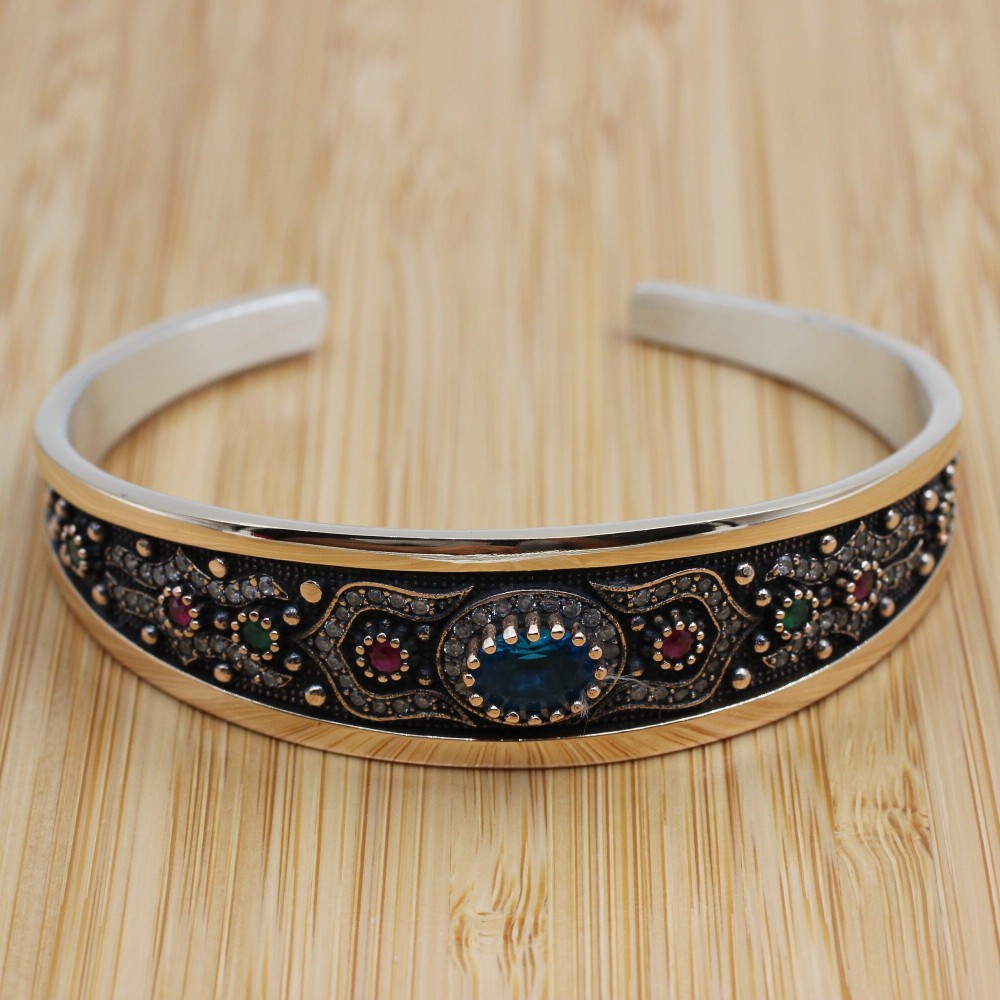 Aquamarine Bracelet, Ottoman Bracelet, Handmade Bracelet, Bangle Cuff, Turkish Handmade, Bangle Bracelet, Gift for Her, 925k Sterling Silver