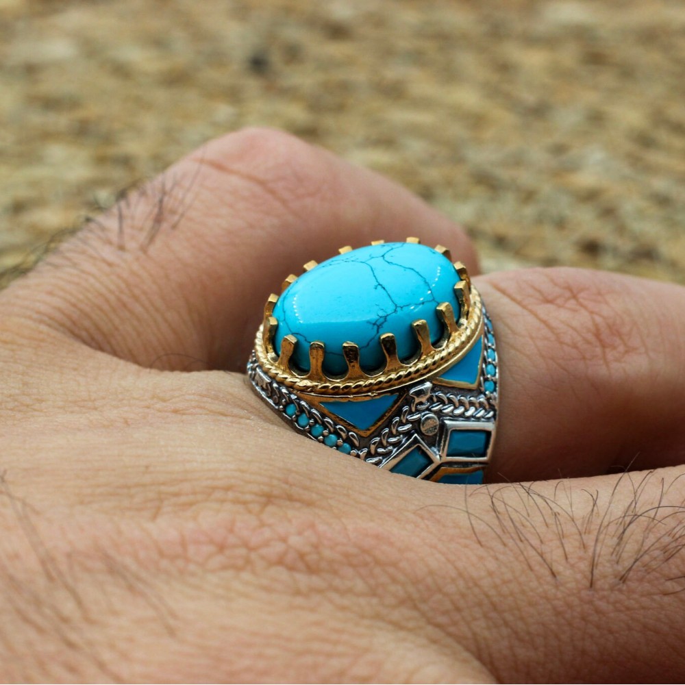 Turquoise Men's Ring, Handmade Ring, Turkish Handmade Silver Men Ring, Ottoman Ring, Men's Jewelry, Gift for Him, 925k Sterling Silver Ring
