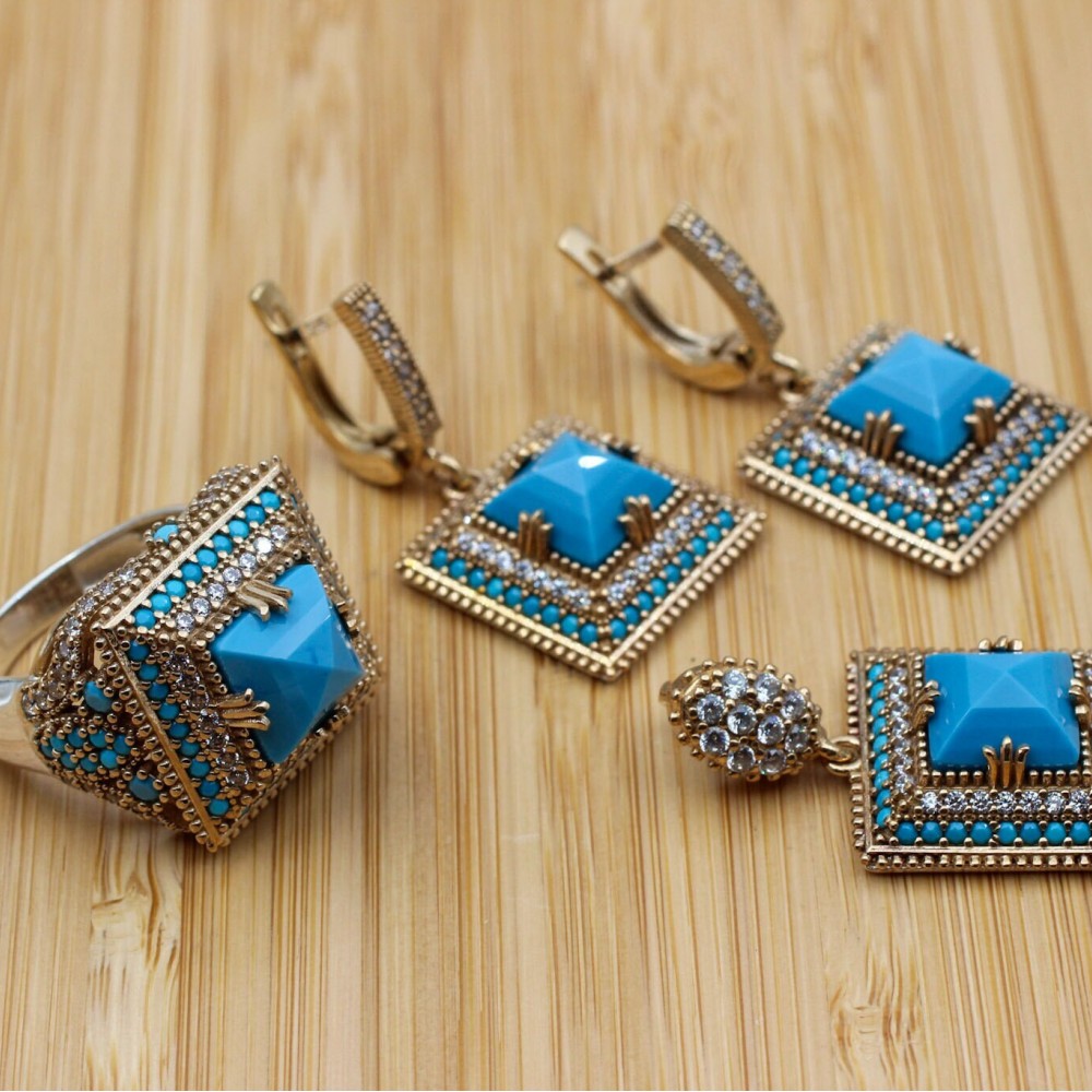 Turquoise Set, Authentic Set, Handmade Set Women, Turkish Handmade, Ladies Jewelry Set, Earring, Pendant, Ladies Set, 925k Sterling Silver