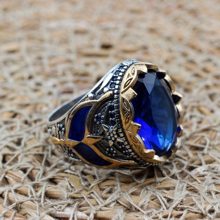 Sapphire Men's Ring, Ottoman Men's Ring, Handmade Men's Ring, Turkish Handmade Men's Ring, Men's Jewelry, Gift for Him, 925 Sterling Silver