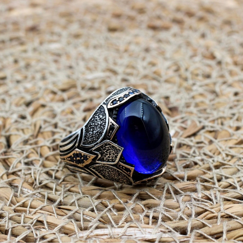 Turkish Ring, Men's Handmade Ring, Ottoman Ring, Cubic Zirconia, Sapphire Men's Ring, Men's Jewelry, Gift for Him, 925k Sterling Silver Ring