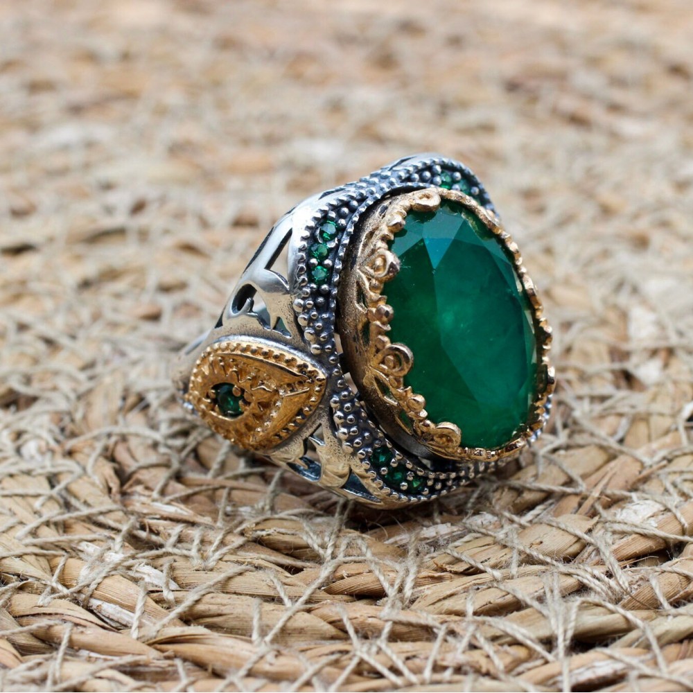 Emerald Men's Ring, Ottoman Men's Ring, Handmade Men's Ring, Turkish Handmade Men's Ring, Men's Jewelry, Gift for Him, 925 Sterling Silver