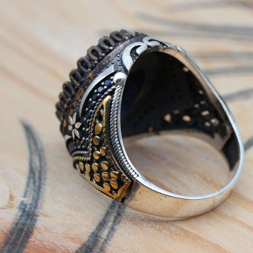 Sapphire Men Ring, Turkish Handmade Silver Men Ring, Mens Handmade Ring, Ottoman Ring, Men Jewelry, Gift for Him, 925k Sterling Silver Ring