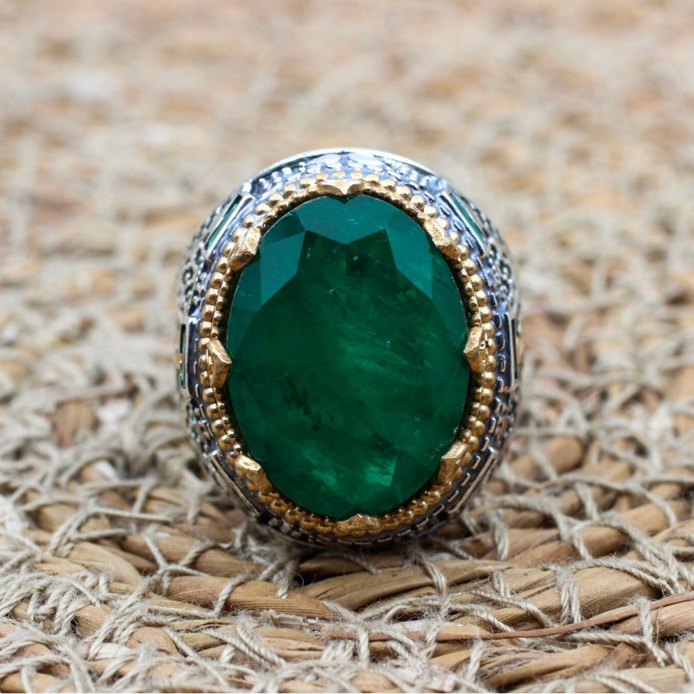 Emerald Men's Ring, Ottoman Men's Ring, Handmade Men's Ring, Turkish Handmade Men's Ring, Men's Jewelry, Gift for Him, 925 Sterling Silver