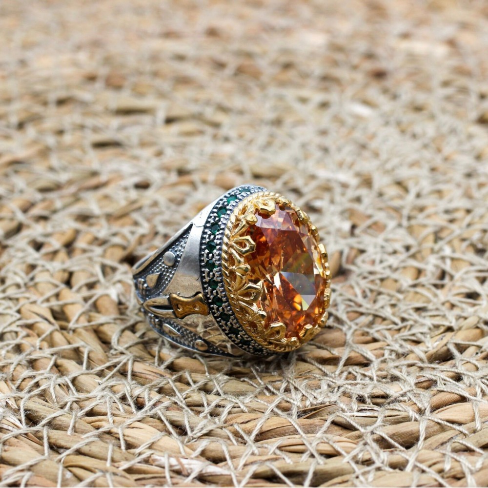 Turkish Handmade Silver Men's Ring, Men's Handmade Ring, Yemeni Ring, Topaz Men's Ring, Ottoman Ring, Gift for Him, 925k Sterling Silver,