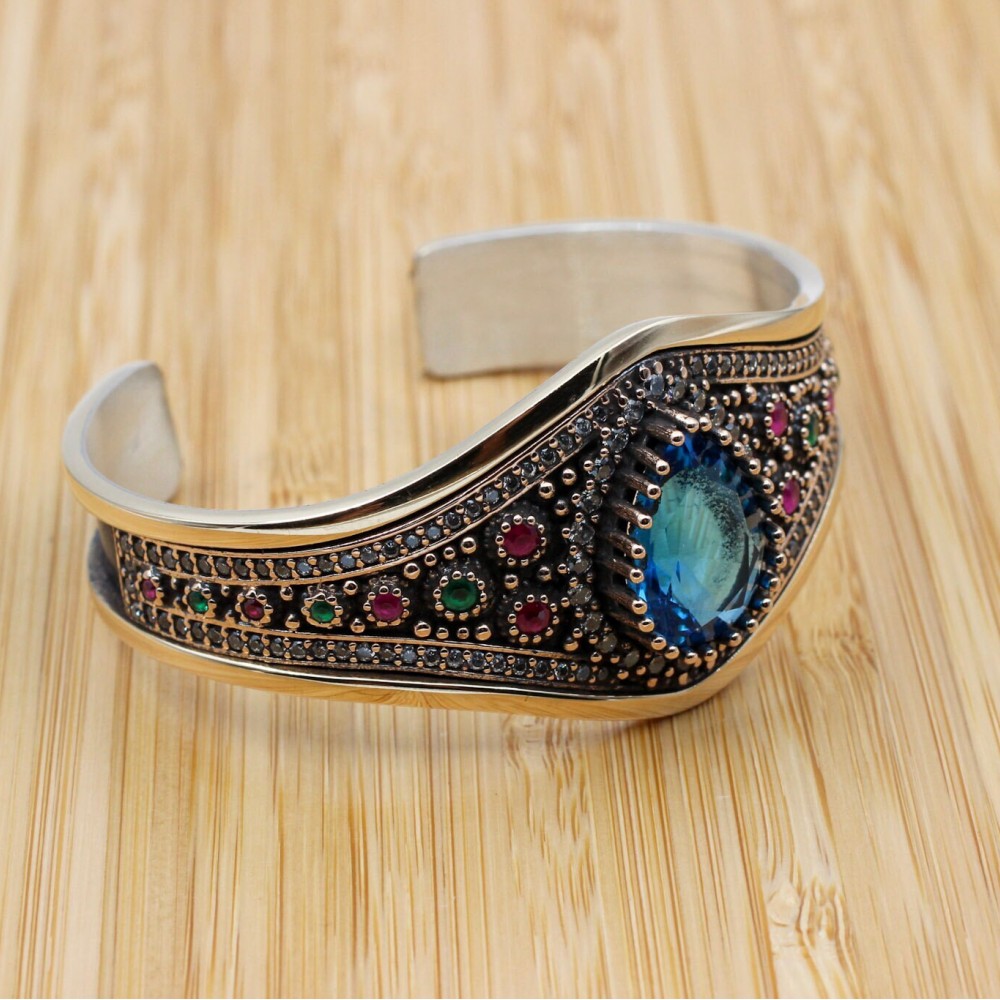 Aquamarine Bracelet, Ottoman Bracelet, Handmade Bracelet, Bangle Cuff, Turkish Handmade, Bangle Bracelet, Gift for Her, 925k Sterling Silver