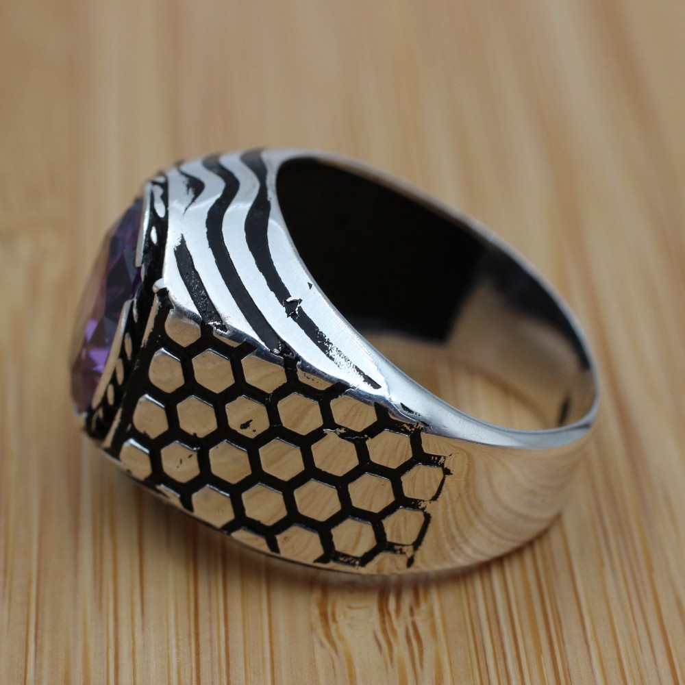 Men's Handmade Ring, Turkish Handmade Ring, Cubic Zircon, Ottoman Men Ring, Amethyst Ring, Men's Jewelry, Gift for Him, 925k Sterling Silver