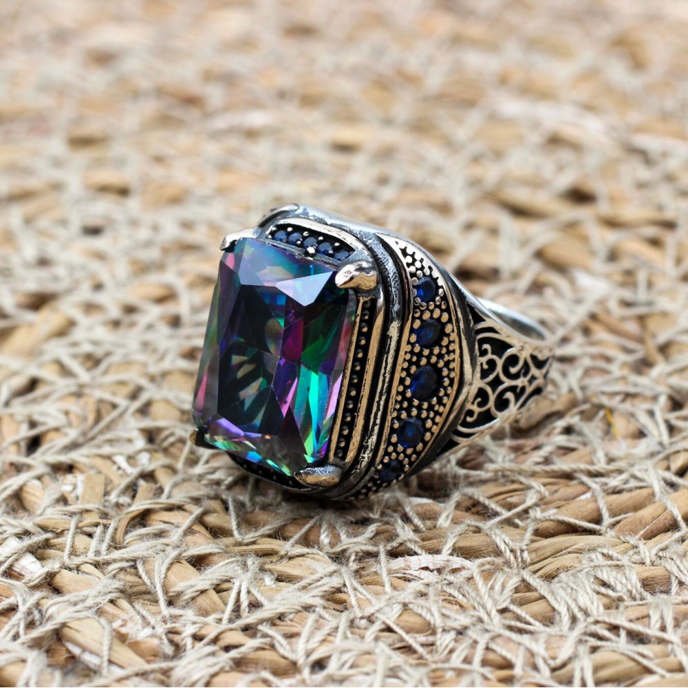 Mystic Topaz Men's Ring, Handmade Men's Ring, Turkish Handmade Silver Ring, Ottoman Ring, Men's Jewelry, Gift for Him, 925 Sterling Silver