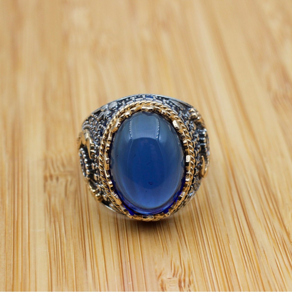 Turkish Handmade Silver Men Ring, Mens Handmade Ring, Ottoman Ring, Sapphire Ring, Men's Jewelry, Gift for Him, 925k Sterling Silver Ring