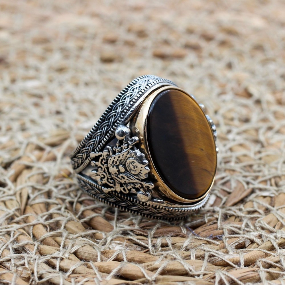 Tiger Eye Men's Ring, Ottoman Men's Ring, Handmade Men's Ring, Turkish Handmade Men's Ring, Men's Jewelry, Gift for Him, 925 Sterling Silver