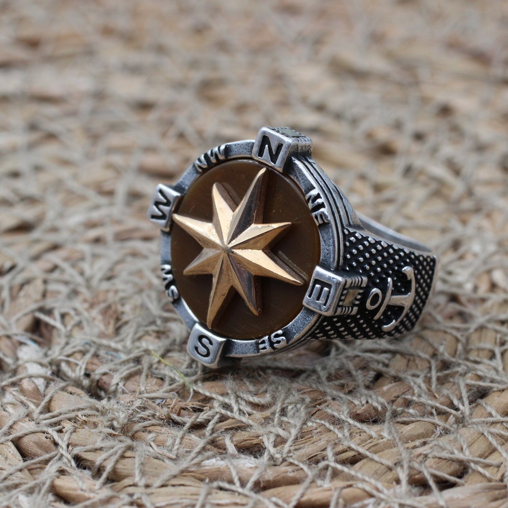 Turkish Handmade Ring, Compass Ring, Handmade Ring, Anchor Ring, Tiger Eye Men Ring, Mens Jewelry, Gift for Him, 925 Sterling Silver Ring