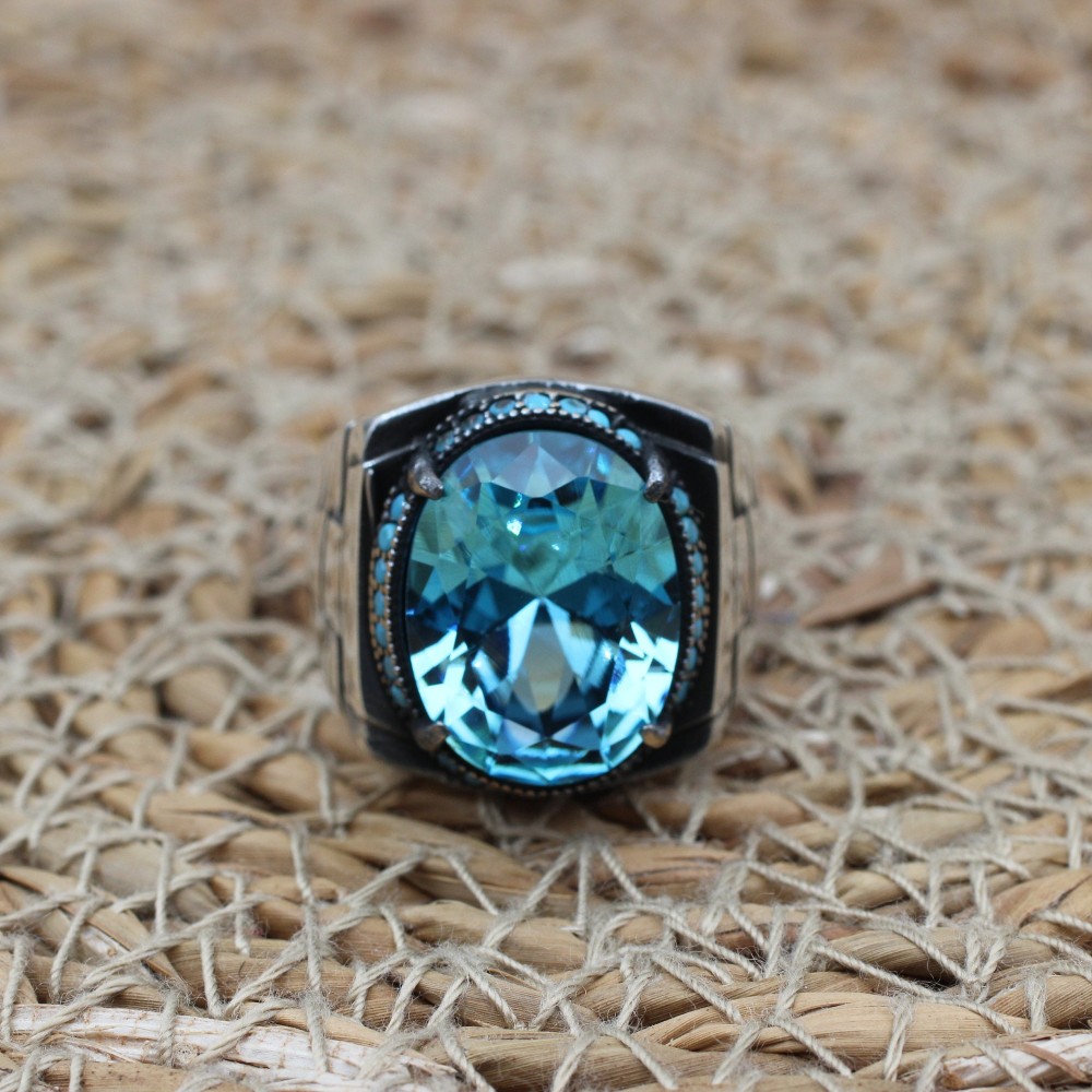 Mens Handmade Ring, Turkish Handmade Silver Men Ring, Ottoman Ring, Aquamarine Ring, Men's Jewelry, Gift for Him, 925k Sterling Silver Ring