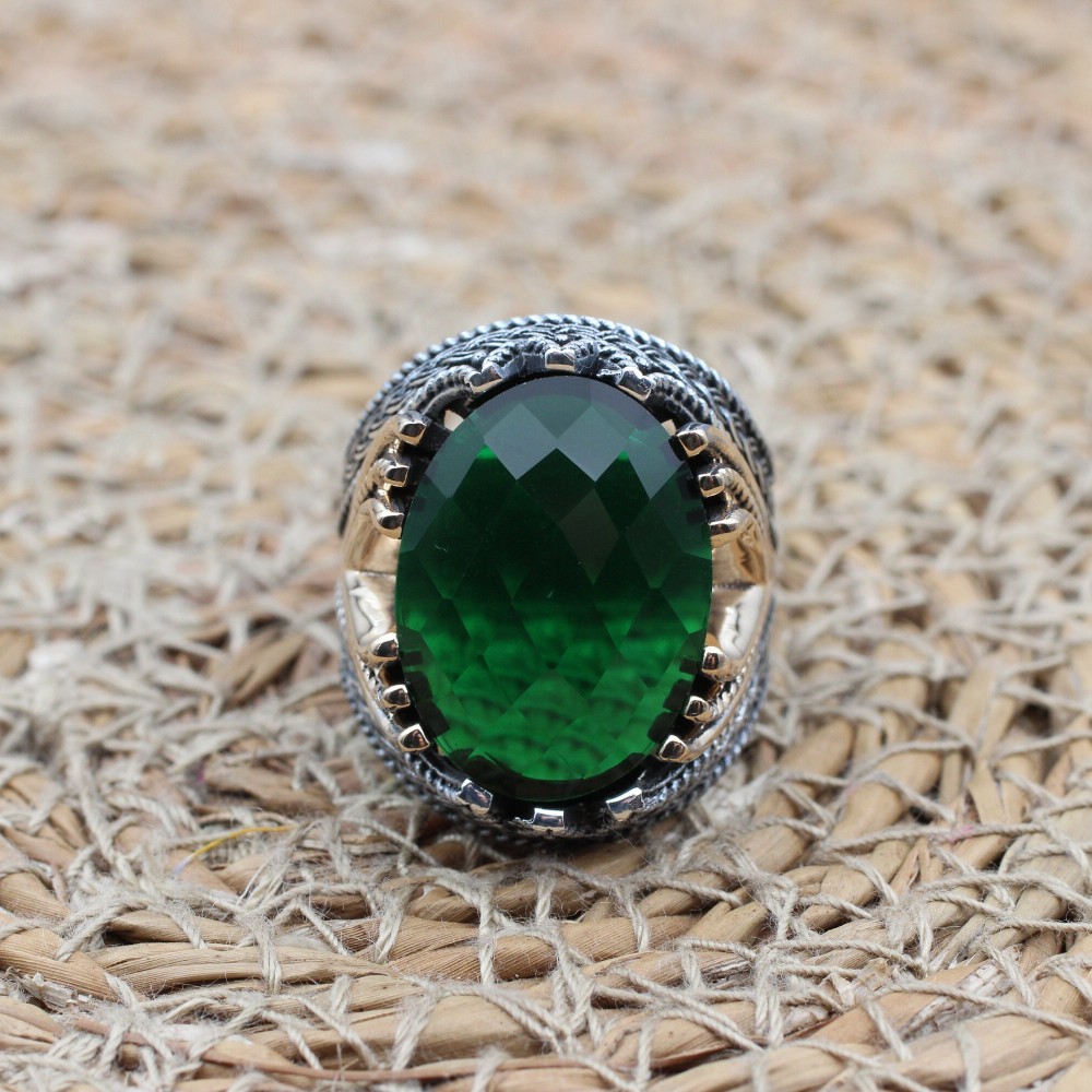 Emerald Men's Ring, Ottoman Men's Ring, Handmade Men's Ring, Turkish Handmade Men's Ring, Men's Jewelry, Gift for Him, 925 Sterling Silver