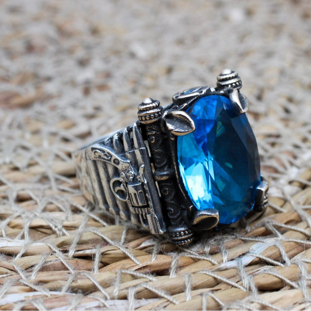 Aquamarine Men Ring, Turkish Handmade Men Ring, Ottoman Ring, Figured Ring, Oval Stone Ring, Men Jewelry, Gift for Him, 925k Sterling Silver