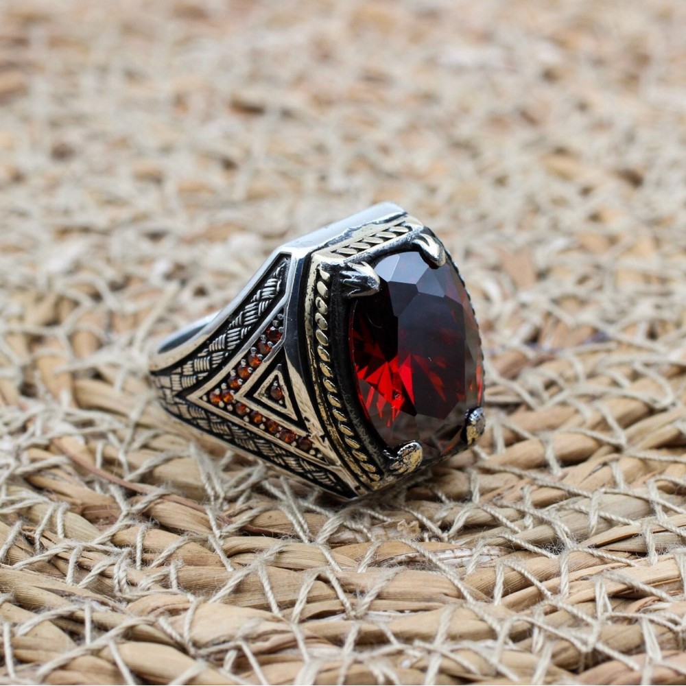 Ruby Men's Ring, Ottoman Men's Ring, Handmade Men's Ring, Turkish Handmade Men's Ring, Men's Jewelry, Gift for Him, 925 Sterling Silver