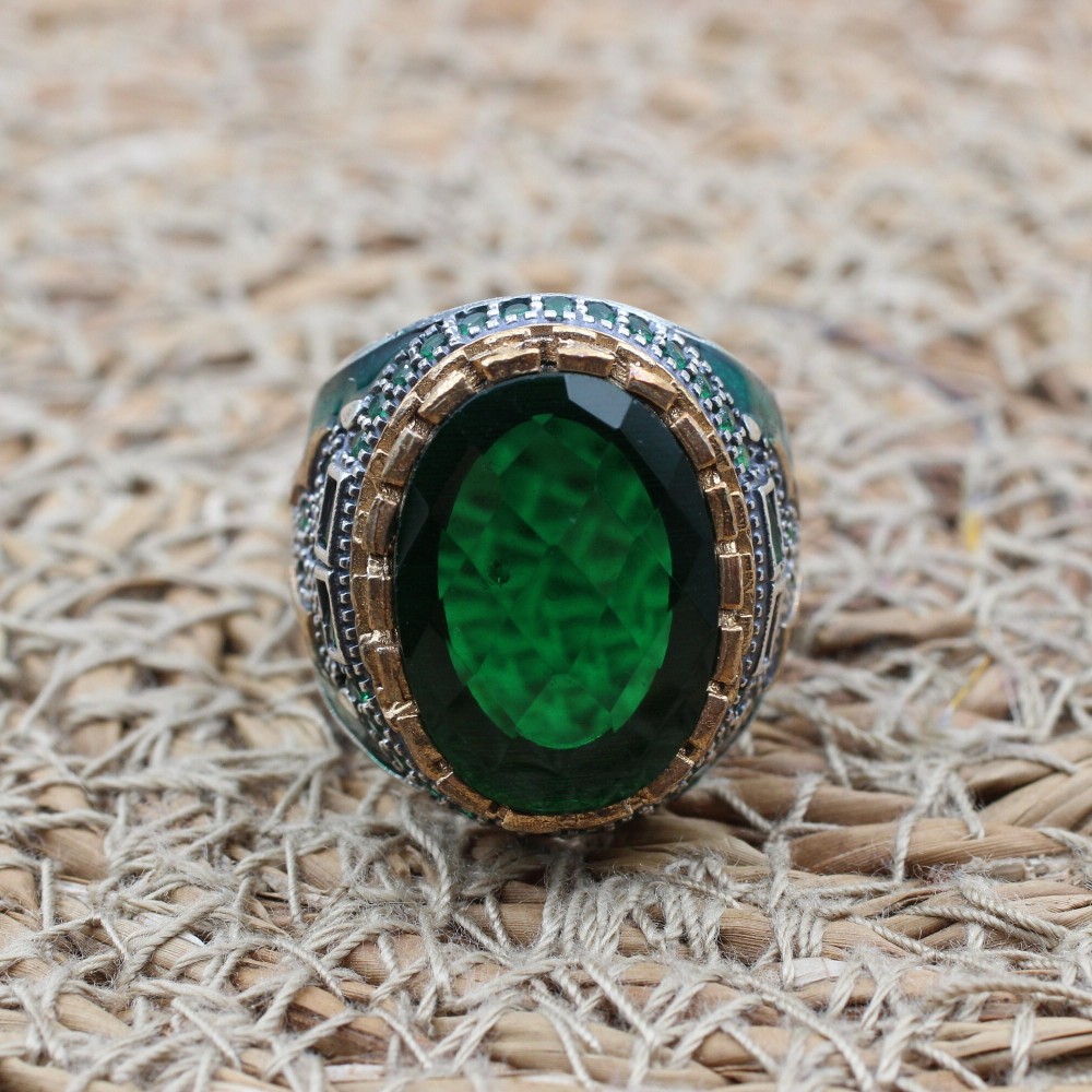 Emerald Men's Ring, Ottoman Men's Ring, Handmade Men's Ring, Turkish Handmade Men's Ring, Men's Jewelry, Gift for Him, 925 Sterling Silver