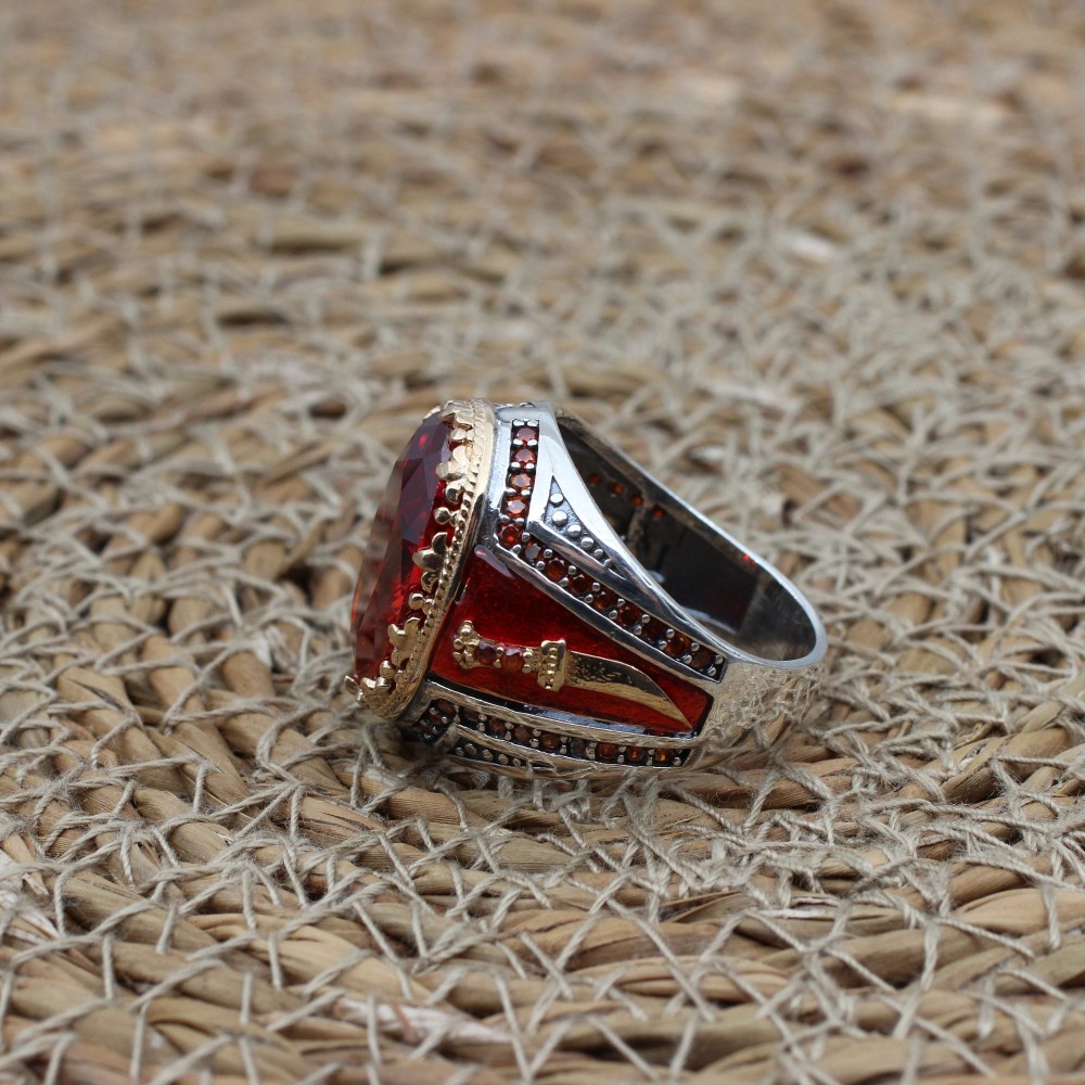 Ruby Ring, Handmade Men's Ring, Turkish Handmade Men's Ring, Ottoman Men's Ring, Men's Jewelry, Gift for Him, 925k Sterling Silver Ring