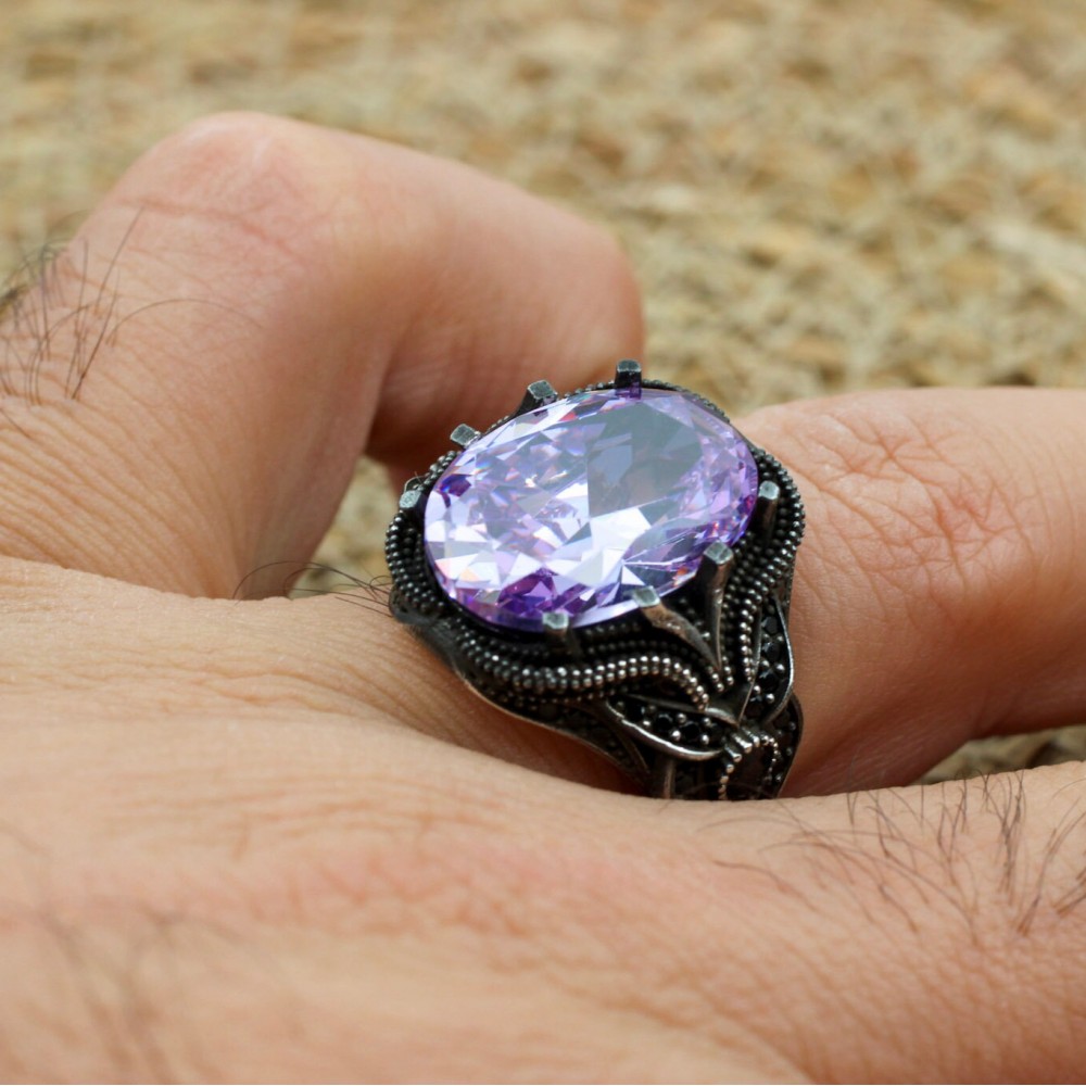 Amethyst Men's Ring, Mens Handmade Ring, Turkish Handmade Silver Men Ring, Ottoman Men Ring, Men Jewelry, Gift for Him, 925k Sterling Silver