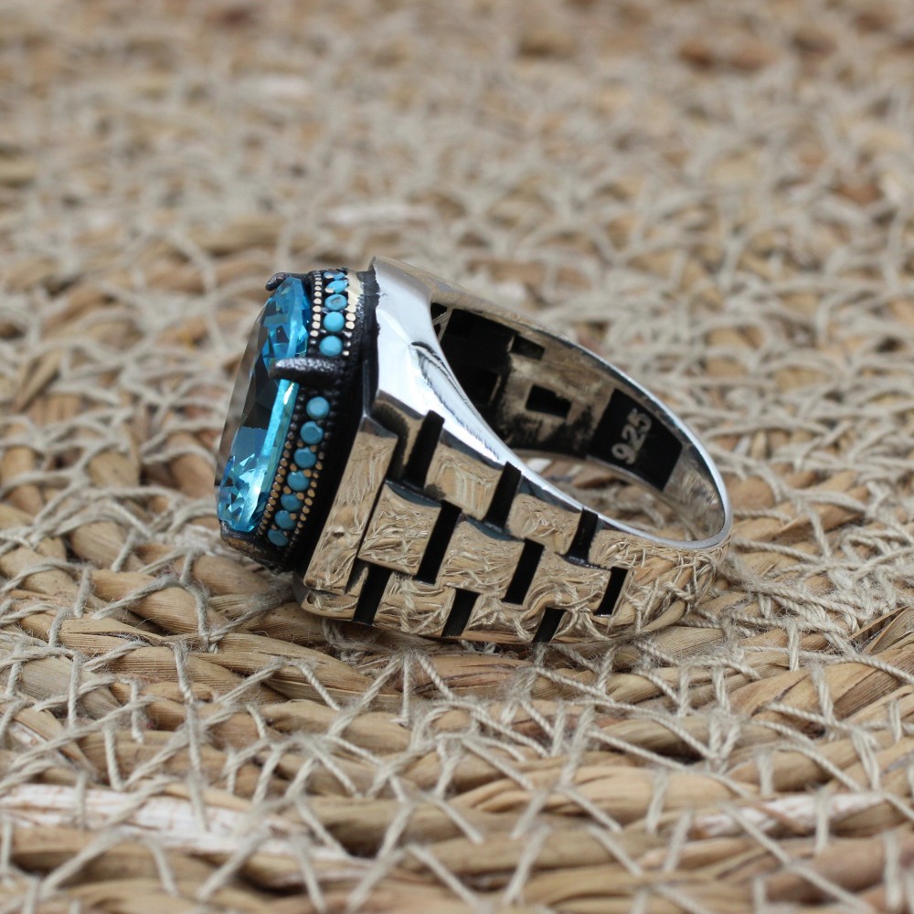 Mens Handmade Ring, Turkish Handmade Silver Men Ring, Ottoman Ring, Aquamarine Ring, Men's Jewelry, Gift for Him, 925k Sterling Silver Ring