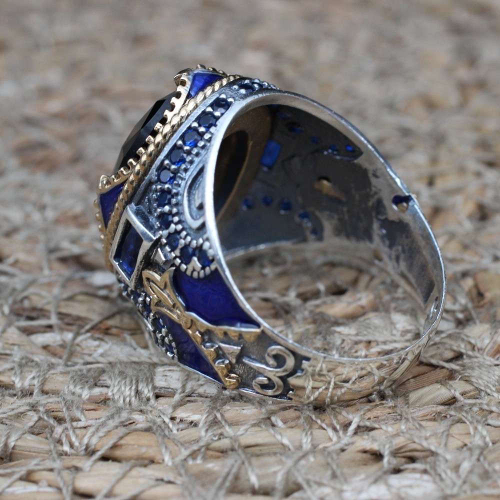 Turkish Handmade Silver Men Ring, Mens Handmade Ring, Ottoman Ring, Sapphire Ring, Men's Jewelry, Gift for Him, 925k Sterling Silver Ring
