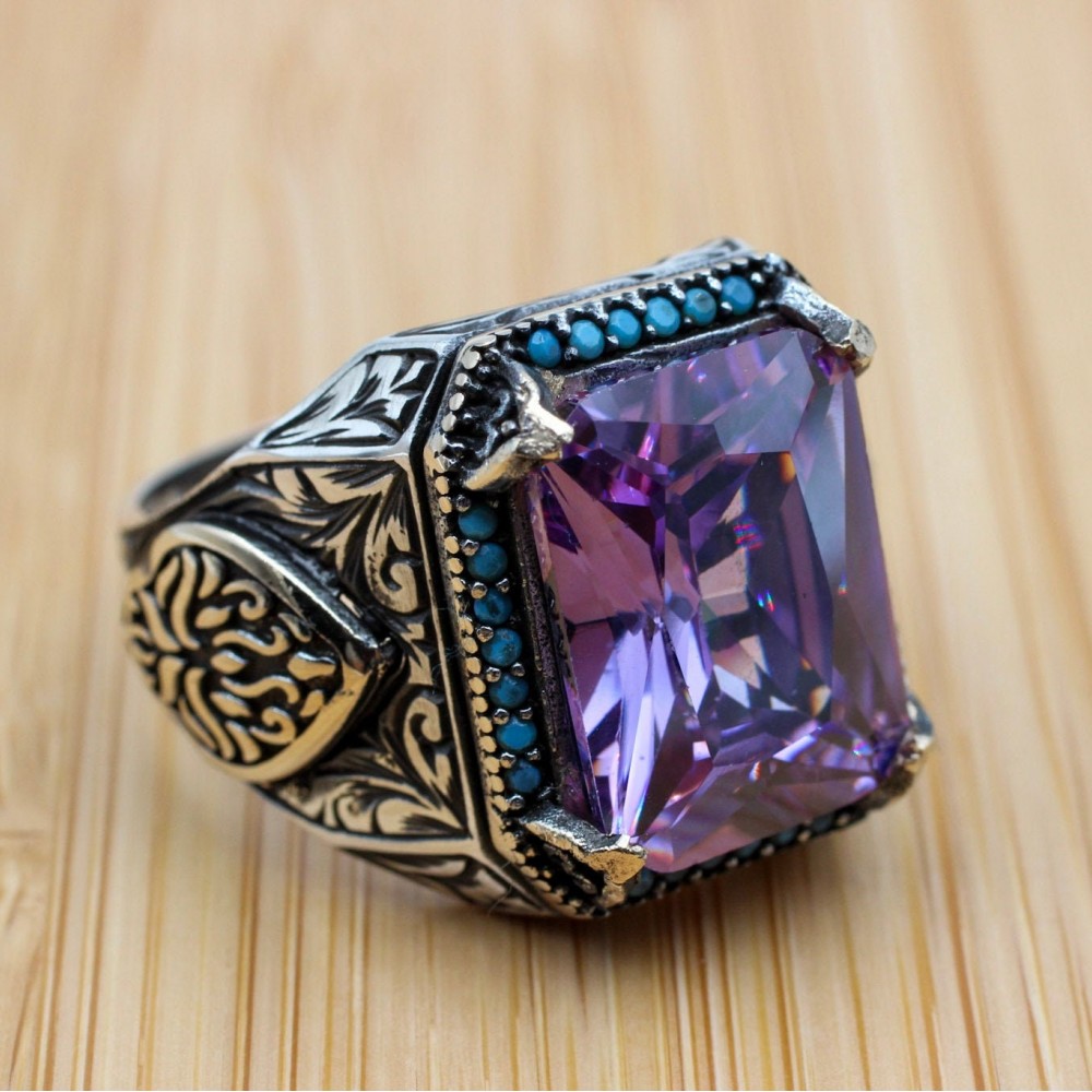 Men's Handmade Ring, Turkish Handmade Silver Men's Ring, Ottoman Ring, Amethyst Ring, Men's Jewelry, Amethyst, 925k Sterling Silver Ring