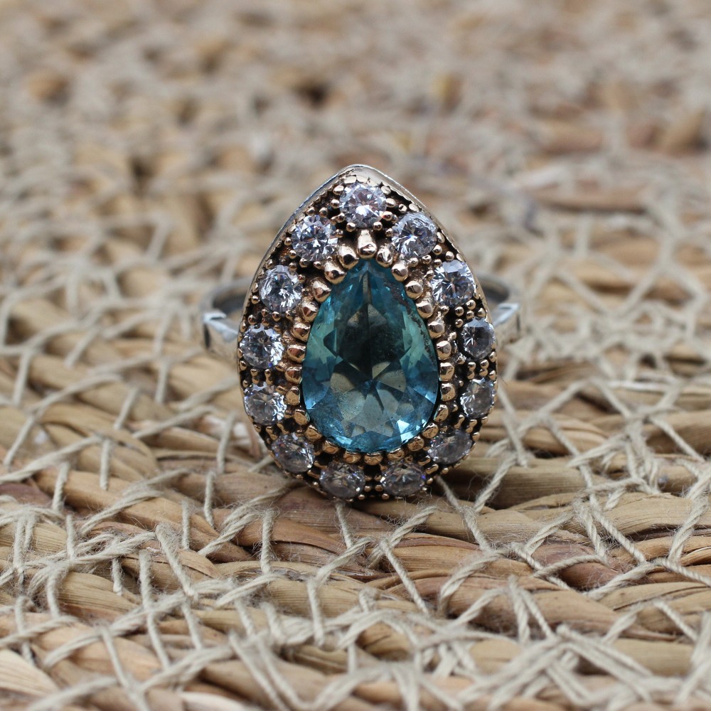 Aquamarine Ring, Handmade Women Ring, Turkish Handmade Silver Ladies Ring, Ottoman Ring, Ladies Ring, 925k Sterling Silver, Zircon Ring