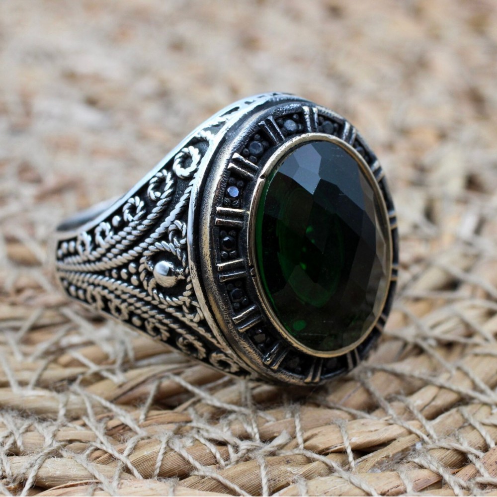 Emerald Men's Ring, Ottoman Men's Ring, Handmade Men's Ring, Turkish Handmade Men's Ring, Men's Jewelry, Gift for Him, 925 Sterling Silver