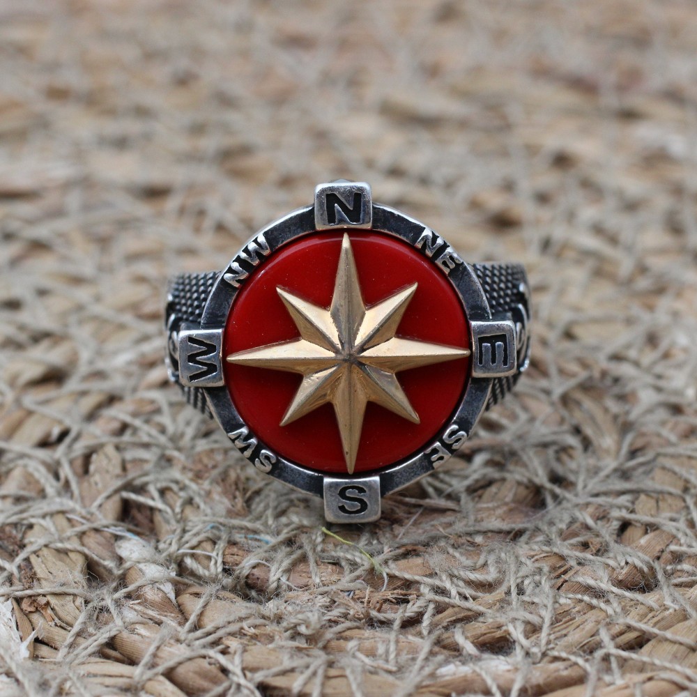 Turkish Handmade Ring, Compass Ring, Men's Handmade Ring, Anchor Ring, Agate Men Ring, Mens Jewelry, Gift for Him, 925k Sterling Silver Ring