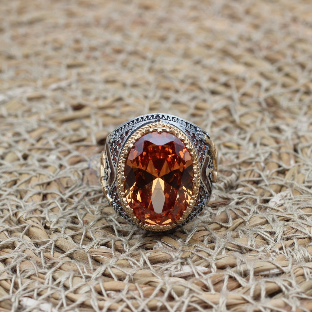 Turkish Handmade Silver Men's Ring, Men's Handmade Ring, Yemeni Ring, Topaz Men's Ring, Ottoman Ring, Gift for Him, 925k Sterling Silver,