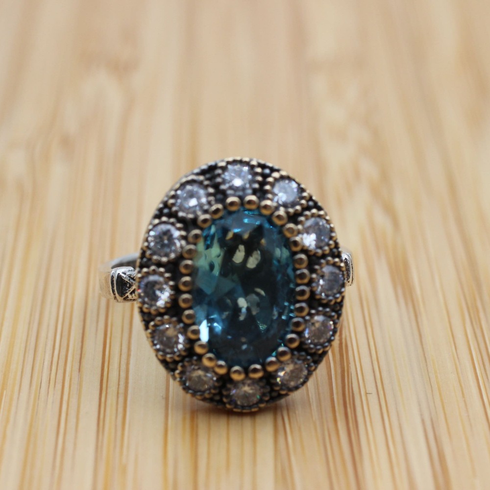 Aquamarine Ring, Handmade Women Ring, Turkish Handmade Silver Ladies Ring, Ottoman Ring, Ladies Ring, 925k Sterling Silver, Cubic Zirconia