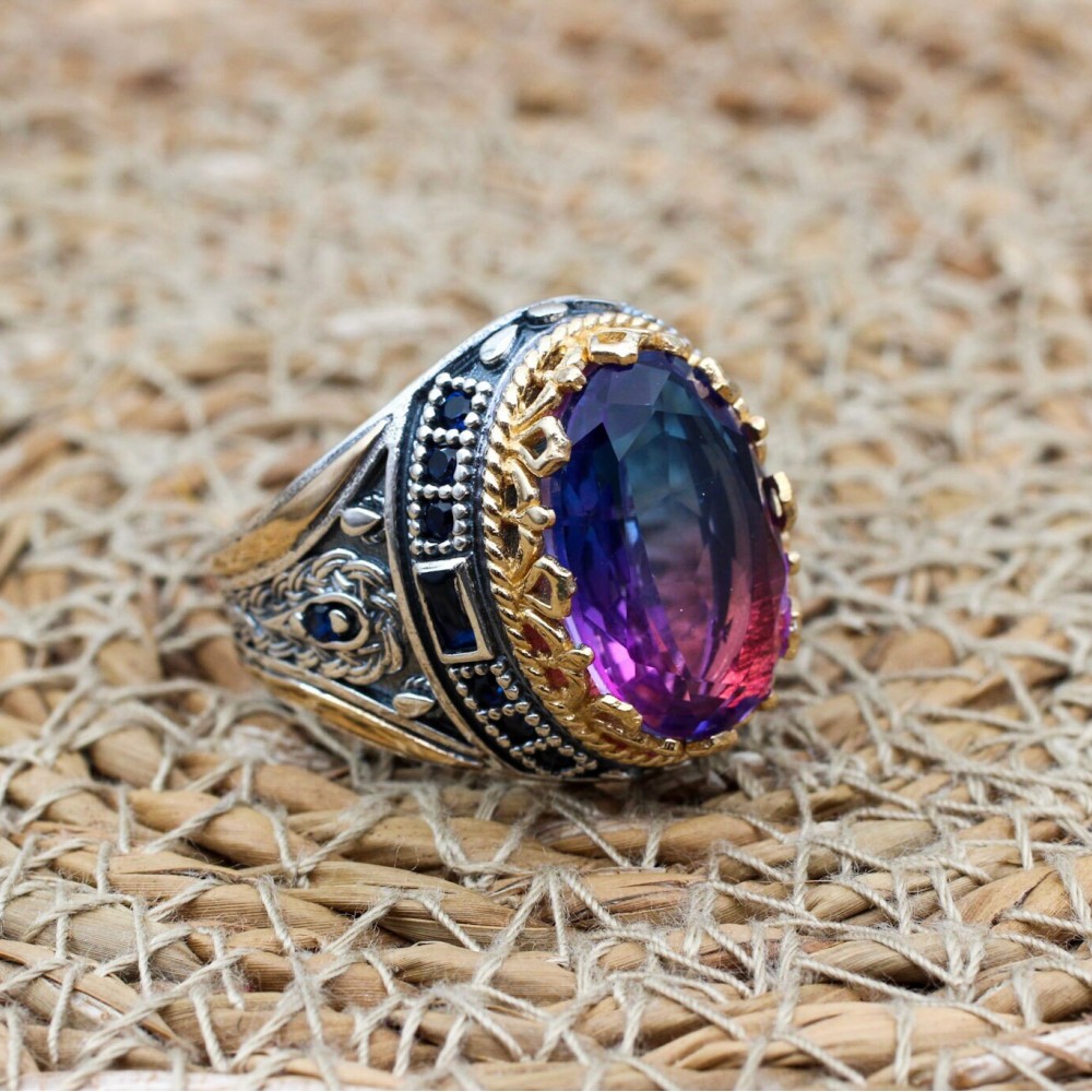 Tourmaline Men's Ring, Handmade Men's Ring, Turkish Handmade Ring, Ottoman Men's Ring, Men's Jewelry, Gift for Him, 925 Sterling Silver
