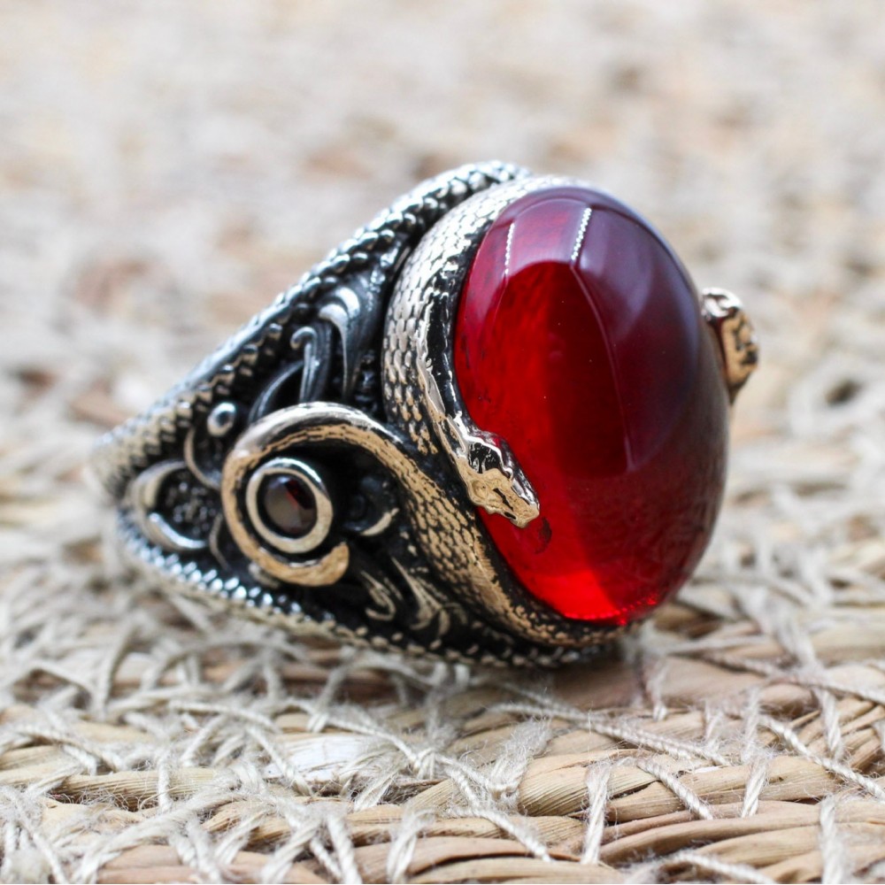 Mens Handmade Ring, Turkish Handmade Silver Men Ring, Ottoman Men Ring, Ruby Ring, Men's Jewelry, Gift for Him, 925k Sterling Silver Ring