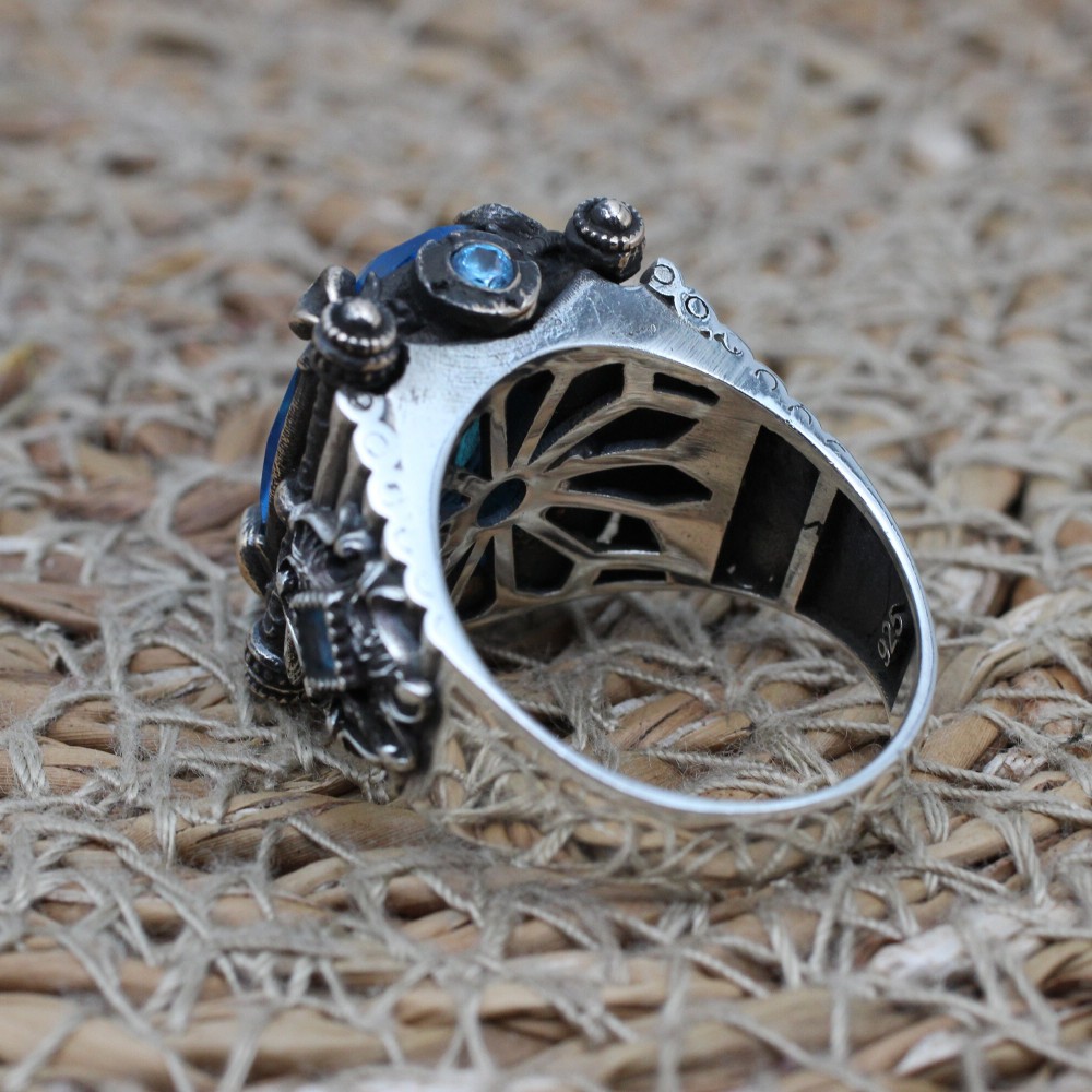 Aquamarine Mens Ring, Turkish Handmade Silver Mens Ring, Ottoman Ring, Oval Stone Ring, Men Jewelry, Gift for Him, 925k Sterling Silver Ring