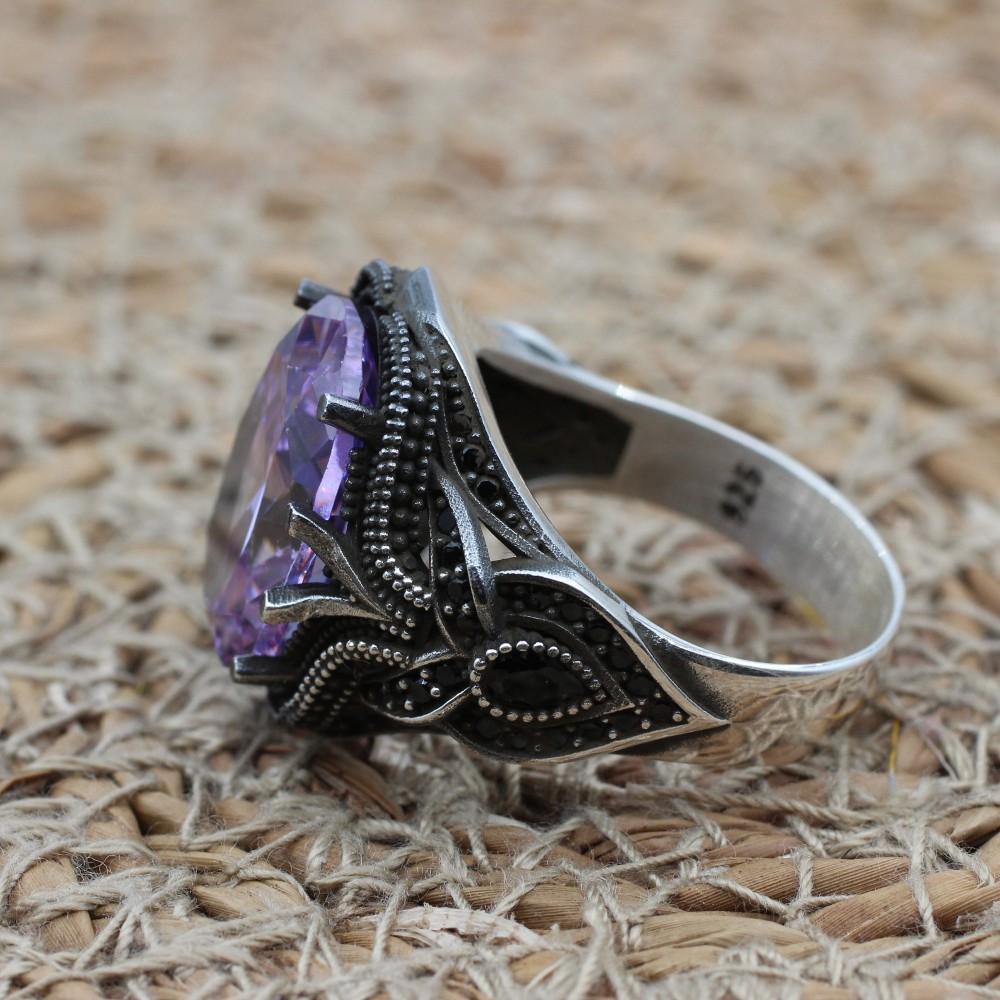 Amethyst Men's Ring, Mens Handmade Ring, Turkish Handmade Silver Men Ring, Ottoman Men Ring, Men Jewelry, Gift for Him, 925k Sterling Silver