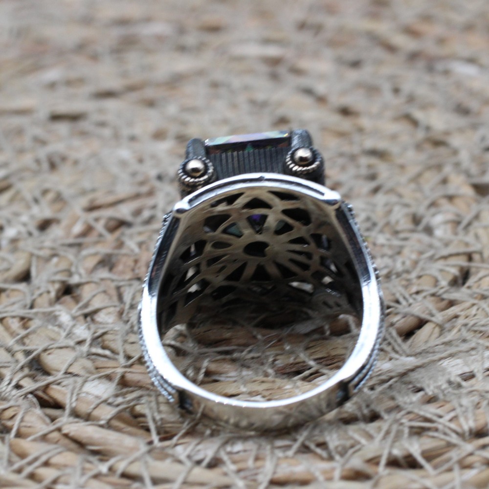 Mystic Topaz Ring, Handmade Ring, Turkish Handmade Silver Men Ring, Mystic Topaz Ring, Men's Jewelry, Gift for Him, 925k Sterling Silver
