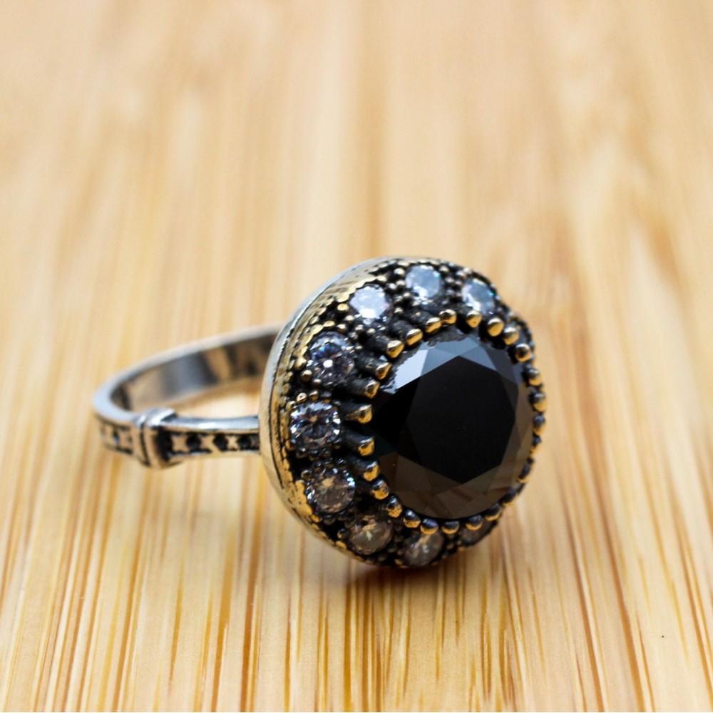Onyx Ring, Handmade Women's Ring, Authentic Ring, Turkish Ring, Ottoman Women's Ring, Ladies Ring, 925k Sterling Silver Ring, Zircon Ring,