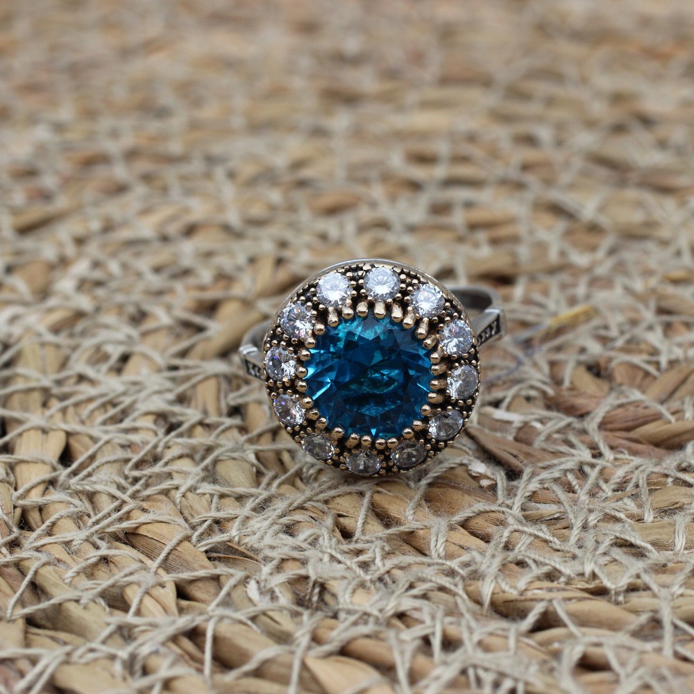 Aquamarine Ring, Handmade Women Ring, Turkish Handmade Silver Ladies Ring, Ottoman Ring, Ladies Ring, 925k Sterling Silver, Zircon Ring
