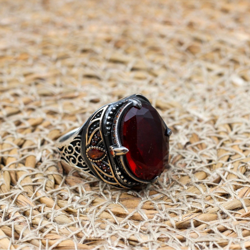 Mens Handmade Ring, Turkish Handmade Silver Men Ring, Ottoman Men Ring, Ruby Ring, Men's Jewelry, Gift for Him, 925k Sterling Silver Ring