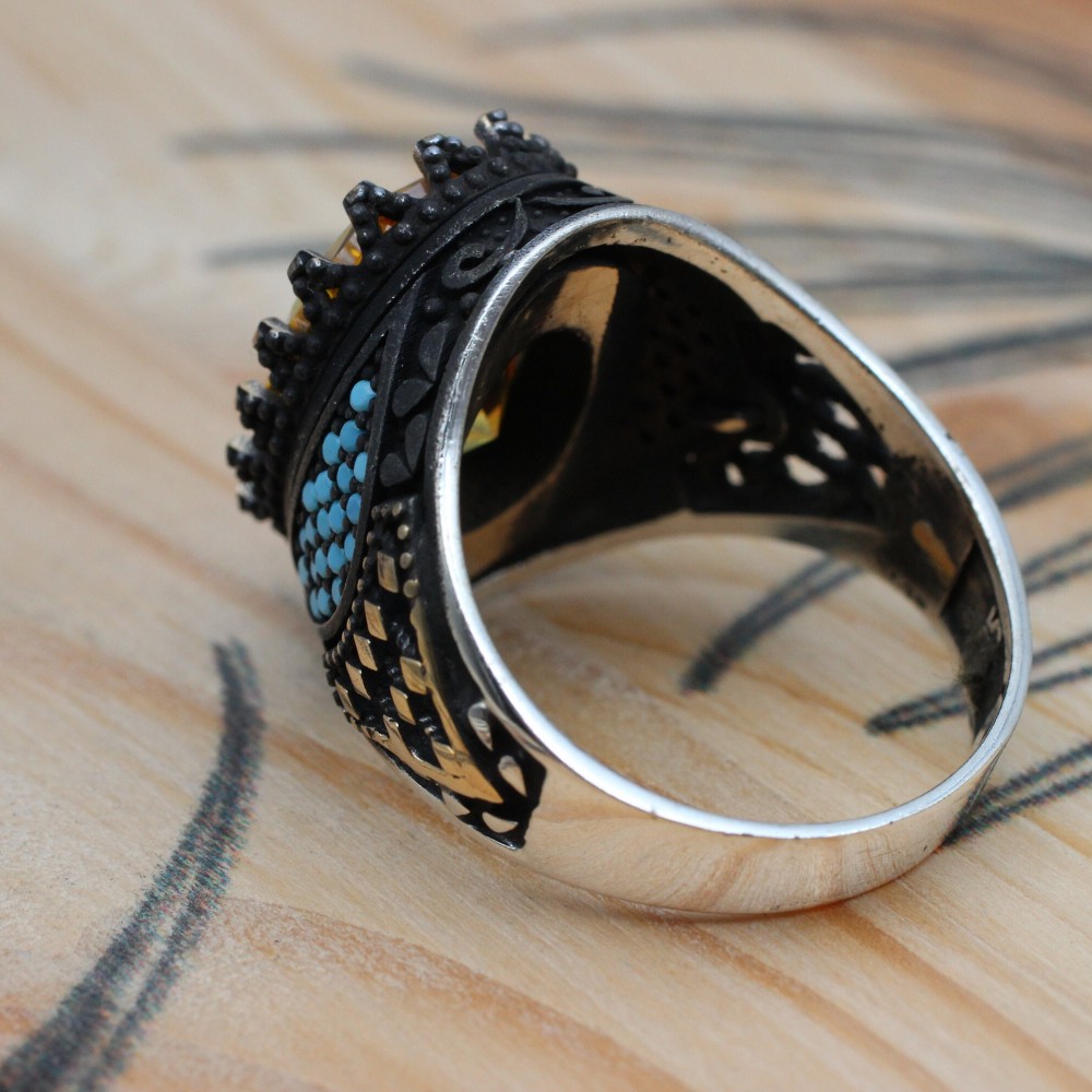 Citrine Men's Ring, Handmade Men's Ring, Turkish Handmade Ring, Ottoman Men's Ring, Men's Jewelry, Gift for Him, 925k Sterling Silver Ring