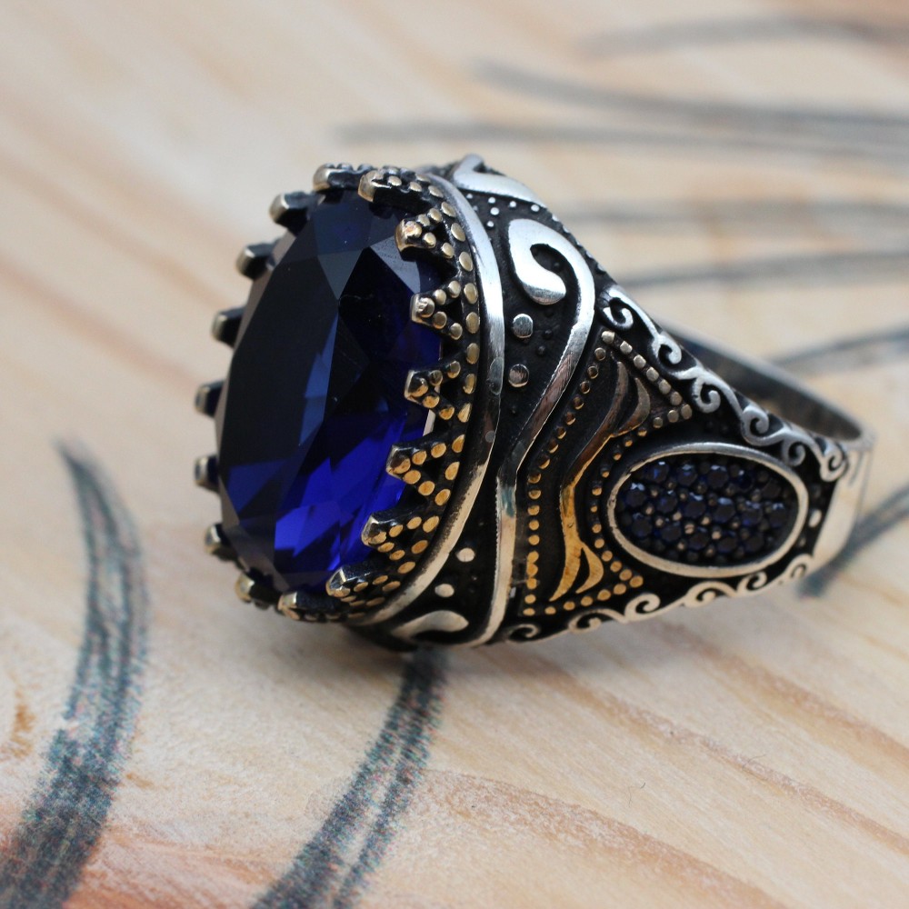 Sapphire Men Ring, Turkish Handmade Silver Men Ring, Mens Handmade Ring, Ottoman Ring, Men Jewelry, Gift for Him, 925k Sterling Silver Ring