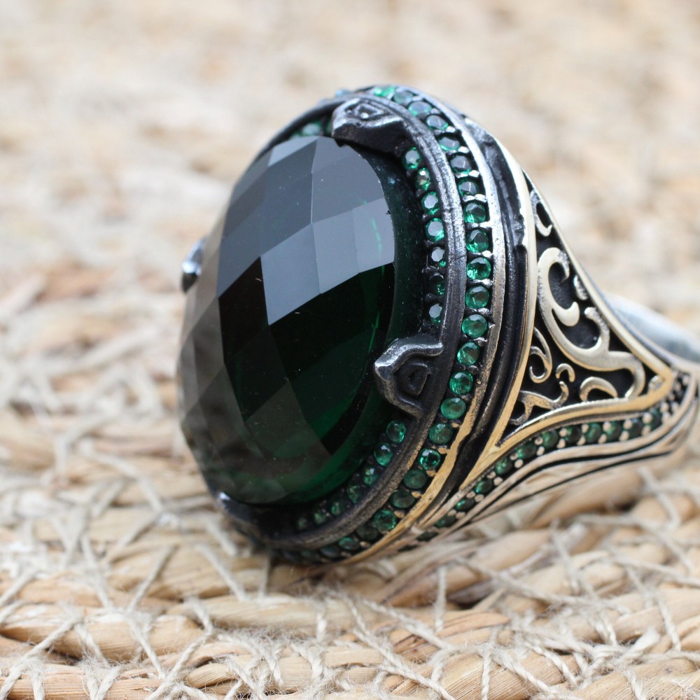 Emerald Men's Ring, Ottoman Men's Ring, Handmade Men's Ring, Turkish Handmade Men's Ring, Men's Jewelry, Gift for Him, 925 Sterling Silver