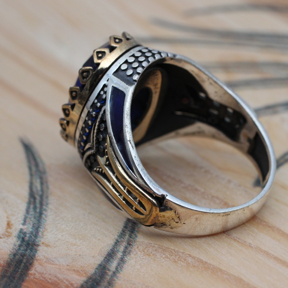Sapphire Men Ring, Turkish Handmade Silver Men Ring, Mens Handmade Ring, Ottoman Ring, Men Jewelry, Gift for Him, 925k Sterling Silver Ring