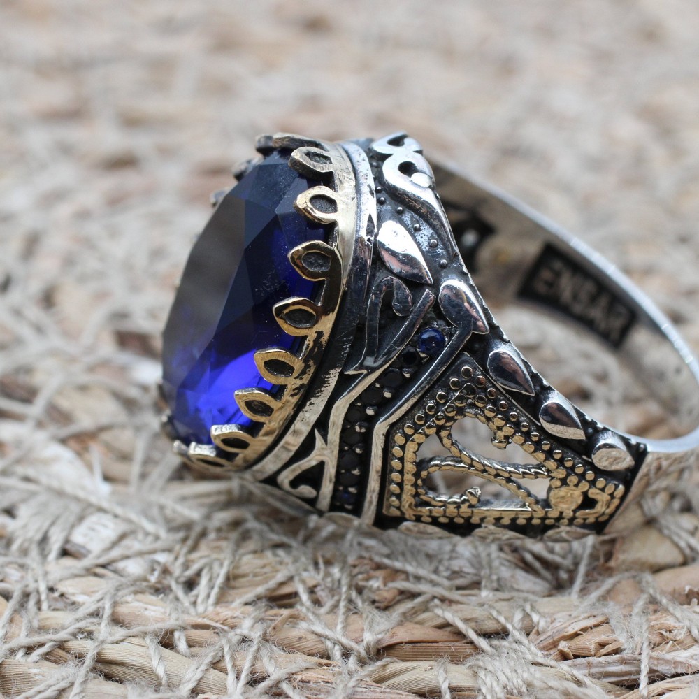 Turkish Handmade Silver Men Ring, Mens Handmade Ring, Ottoman Ring, Sapphire Ring, Men's Jewelry, Gift for Him, 925k Sterling Silver Ring