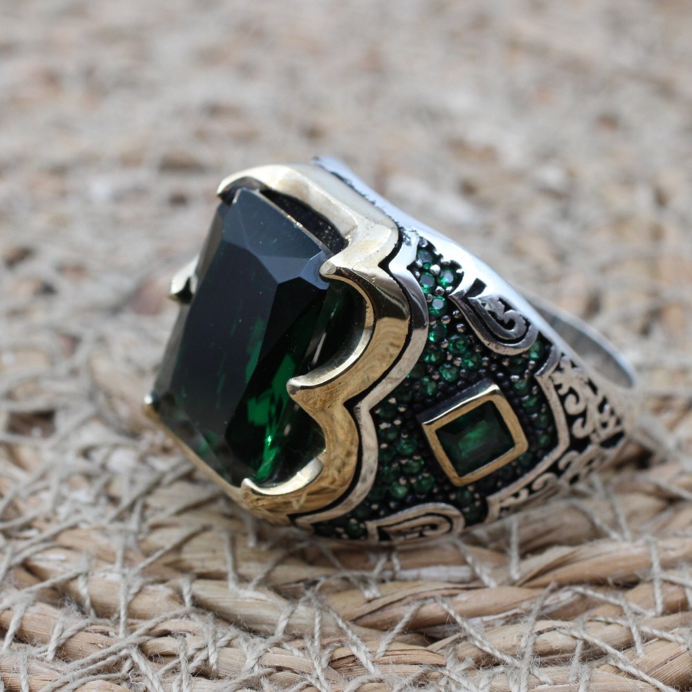 Emerald Men's Ring, Ottoman Men's Ring, Handmade Men's Ring, Turkish Handmade Men's Ring, Men's Jewelry, Gift for Him, 925 Sterling Silver