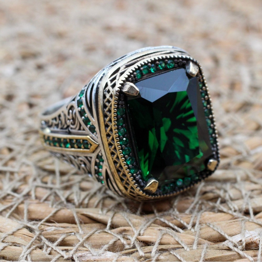 Emerald Men's Ring, Ottoman Men's Ring, Handmade Men's Ring, Turkish Handmade Men's Ring, Men's Jewelry, Gift for Him, 925 Sterling Silver