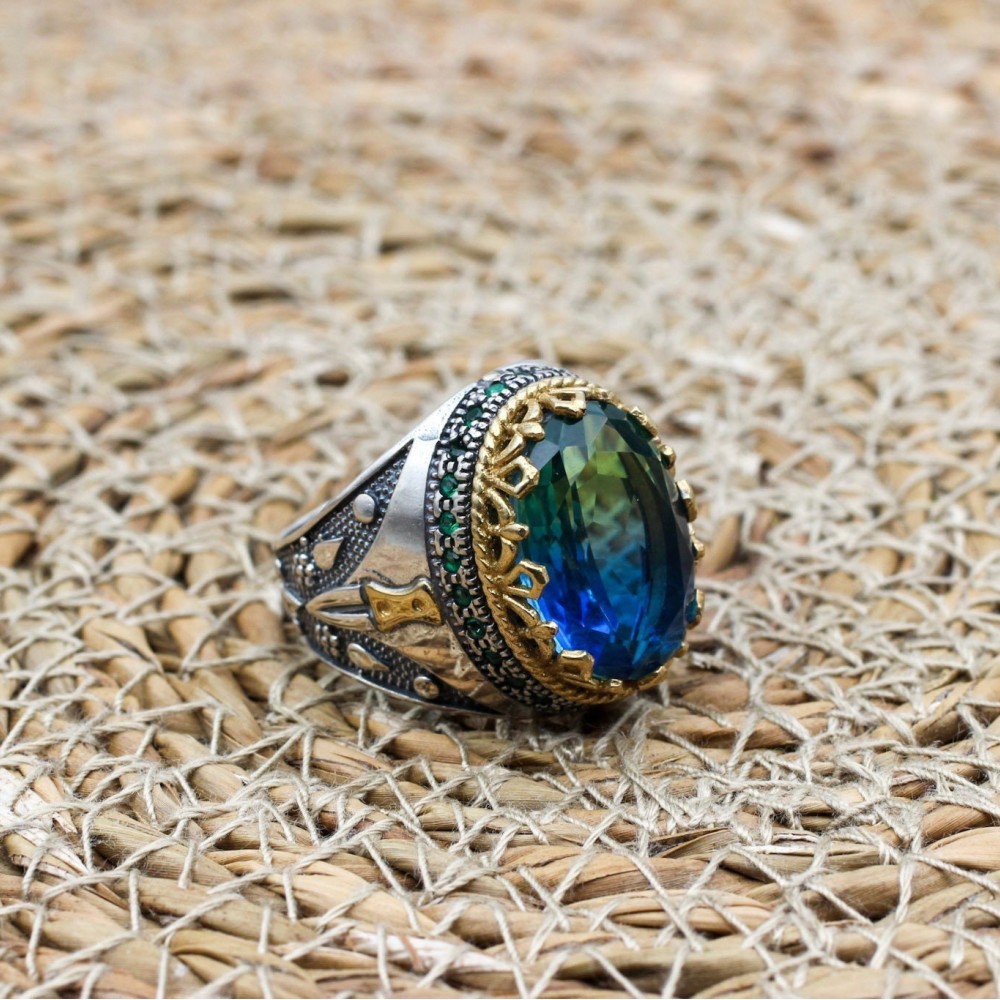 Tourmaline Men's Ring, Handmade Men's Ring, Turkish Handmade Ring, Ottoman Men's Ring, Men's Jewelry, Gift for Him, 925 Sterling Silver