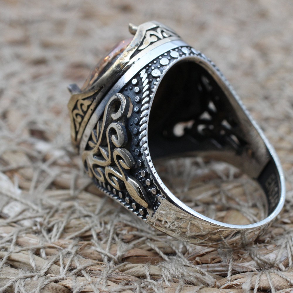 Turkish Handmade Silver Men's Ring, Men's Handmade Ring, Yemeni Ring, Topaz Men's Ring, Ottoman Ring, Gift for Him, 925k Sterling Silver,