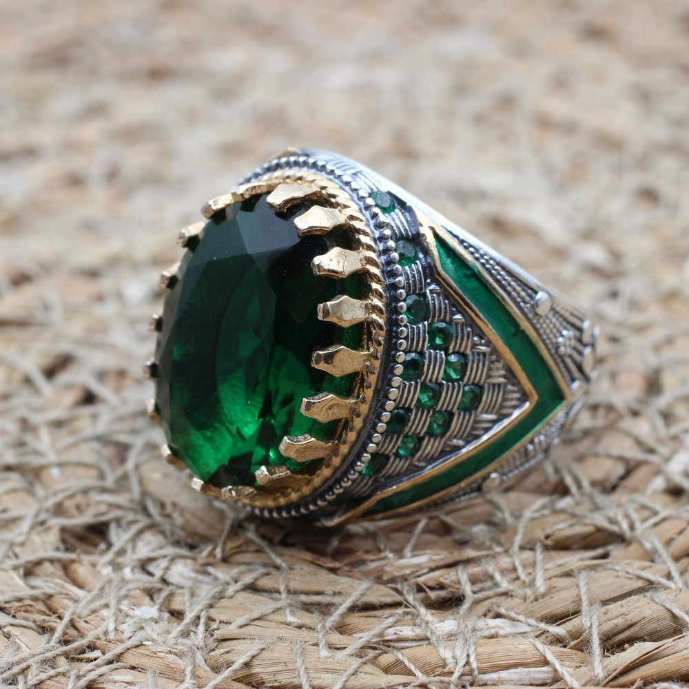 Emerald Men's Ring, Ottoman Men's Ring, Handmade Men's Ring, Turkish Handmade Men's Ring, Men's Jewelry, Gift for Him, 925 Sterling Silver